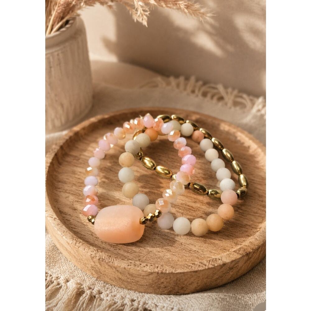 Pomina Pink Gold Semi Precious Beaded Bracelet Stack New